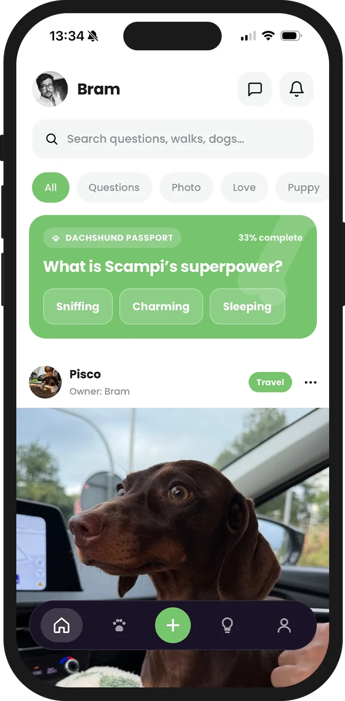 The Wiener Club app on a phone: the community feed with a dachshund passport question and a post from Pisco