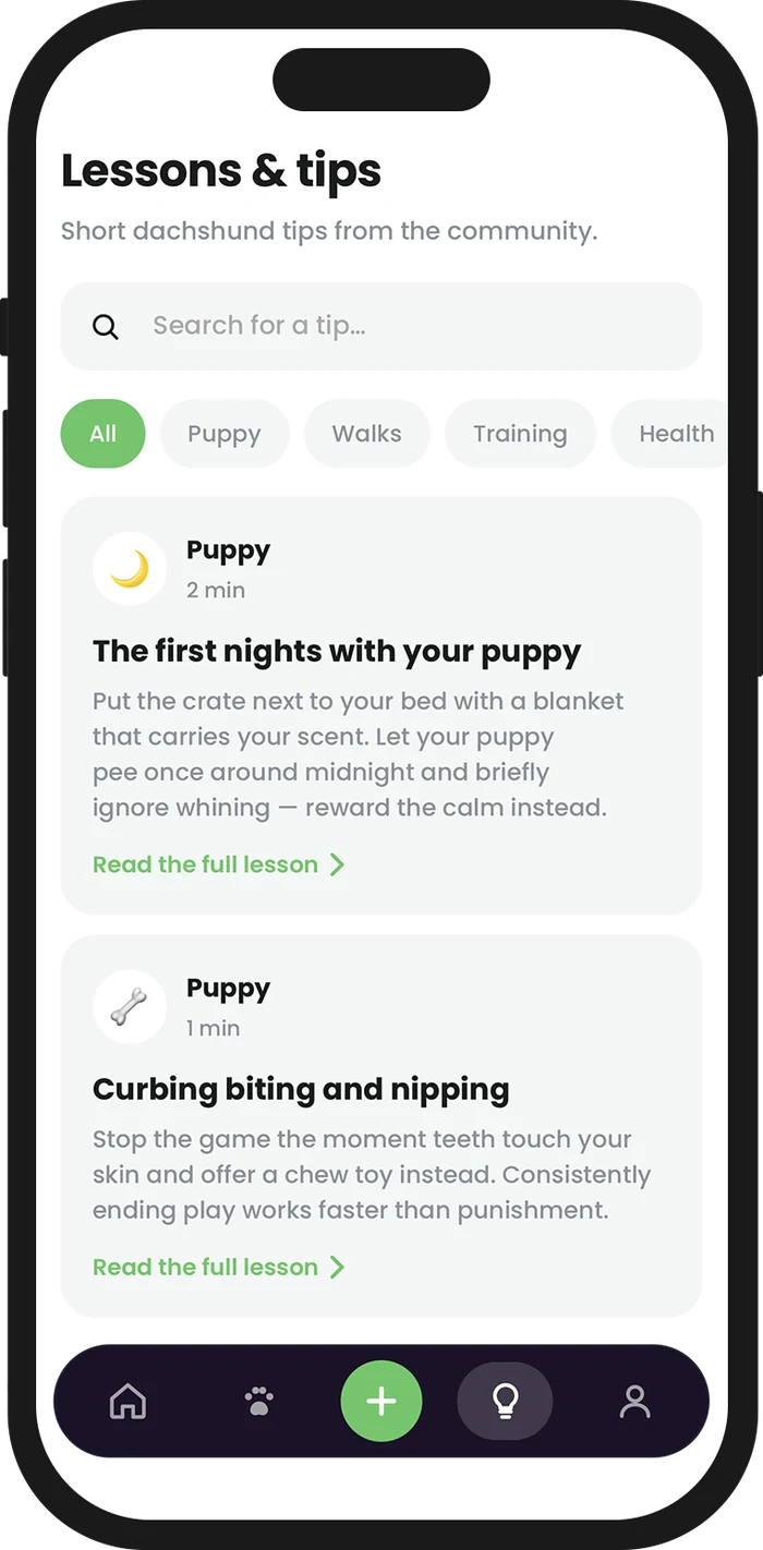The Wiener Club app showing short dachshund lessons and tips