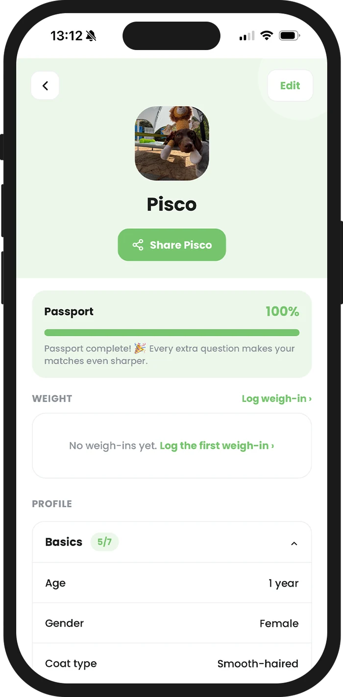 A completed Wiener passport in the app, with weight log and profile details